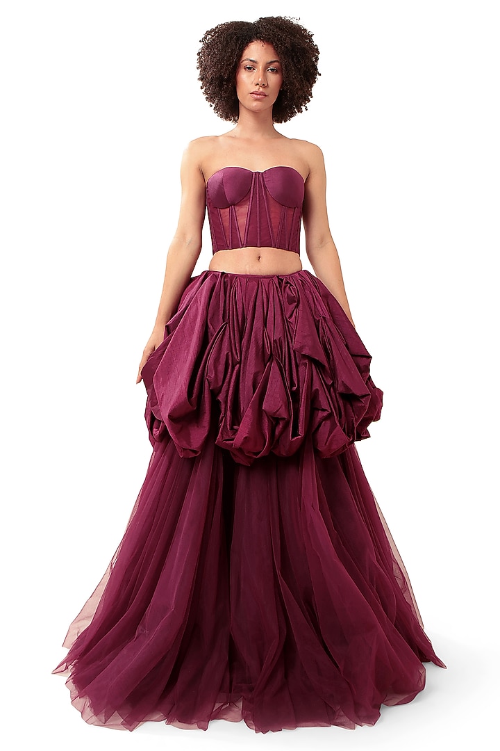 Dark Violet Silk Paneled Corset by Bharat Adiani at Pernia's Pop Up Shop
