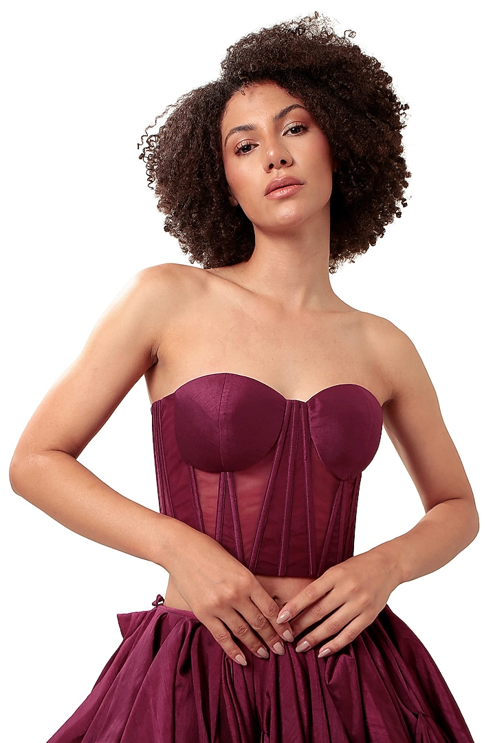 Dark Violet Silk Paneled Corset by Bharat Adiani at Pernia's Pop Up Shop