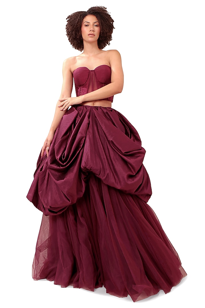 Dark Violet Tulle Asymmetric Bubble Skirt Set by Bharat Adiani at Pernia's Pop Up Shop