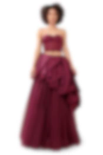 Dark Violet Tulle High-Low Bubble Skirt Set by Bharat Adiani at Pernia's Pop Up Shop