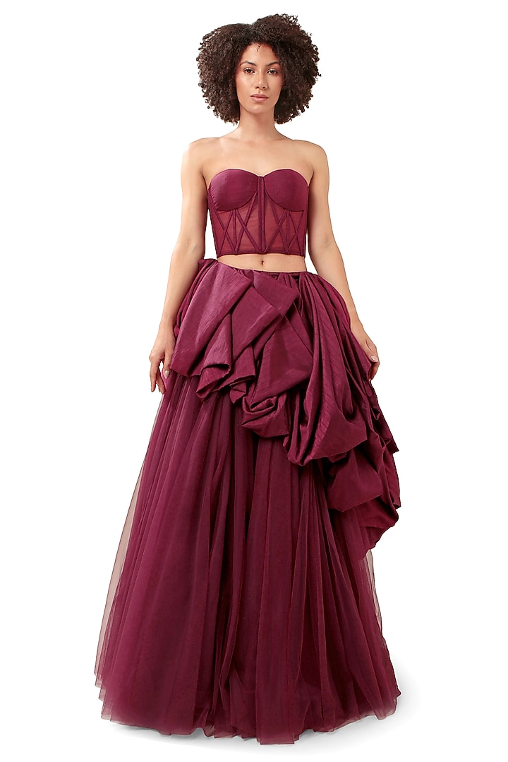 Dark Violet Tulle High-Low Bubble Skirt Set by Bharat Adiani at Pernia's Pop Up Shop