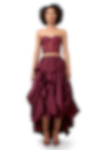Dark Violet Silk High-Low Bubble Skirt Set by Bharat Adiani at Pernia's Pop Up Shop