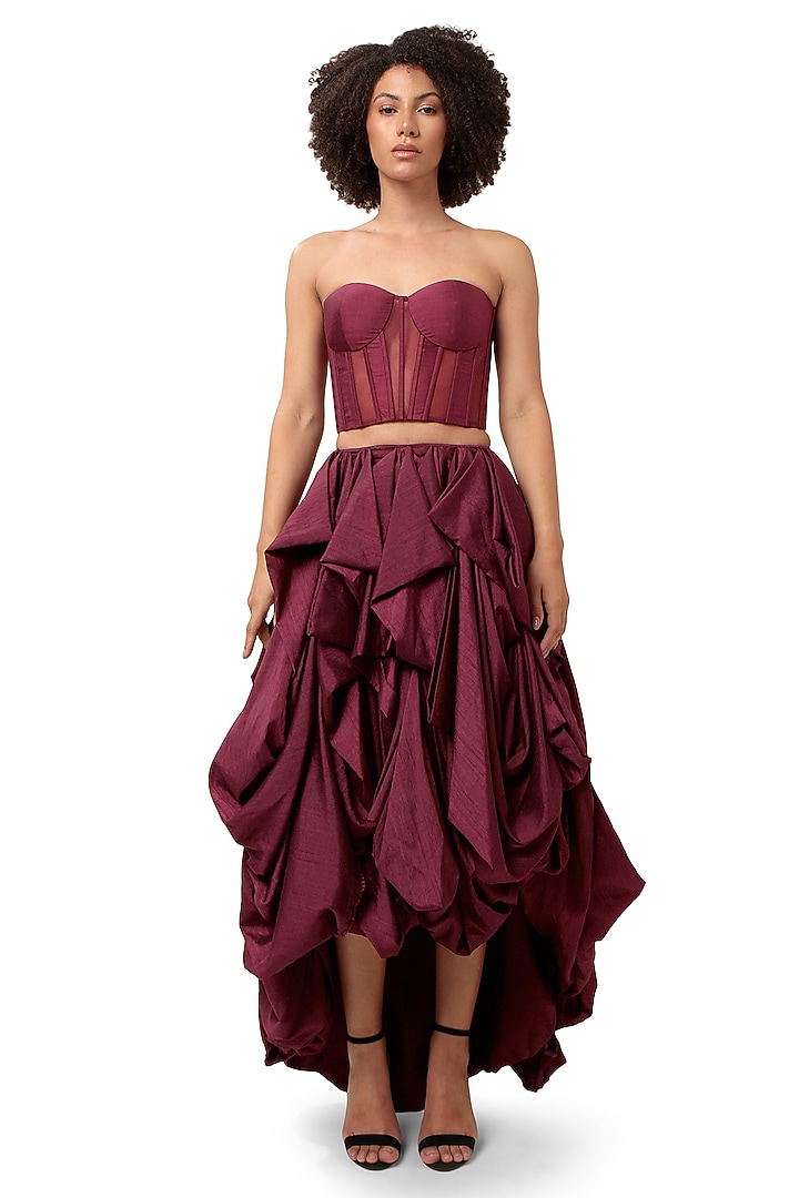 Dark Violet Silk High-Low Bubble Skirt Set by Bharat Adiani at Pernia's Pop Up Shop
