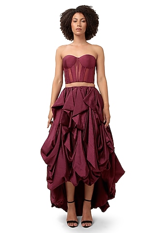 Dark Violet Silk High-Low Bubble Skirt Set by Bharat Adiani