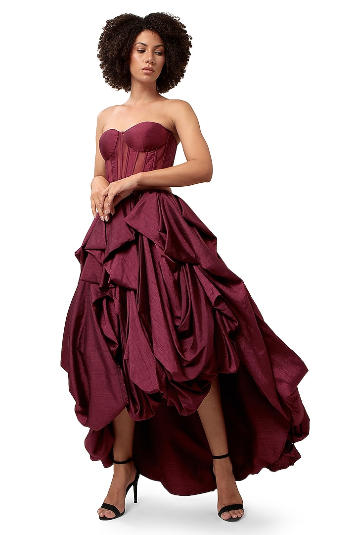 Dark Violet Silk & Tulle Paneled Striped Corset by Bharat Adiani at Pernia's Pop Up Shop