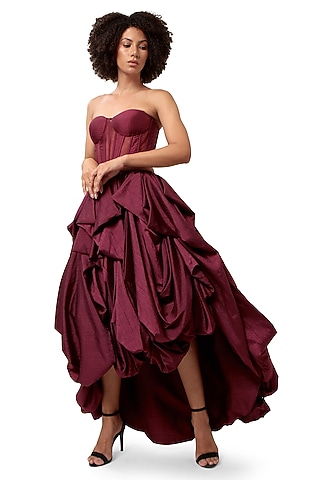 Dark Violet Silk & Tulle Paneled Striped Corset by Bharat Adiani
