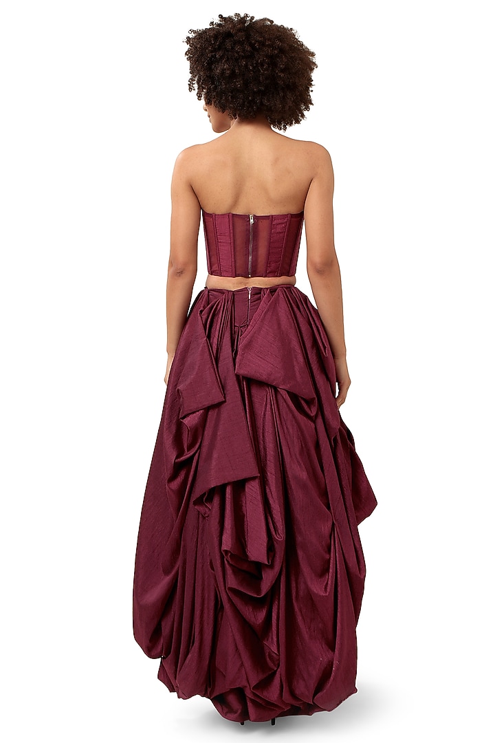 Dark Violet Silk & Tulle Paneled Striped Corset by Bharat Adiani at Pernia's Pop Up Shop