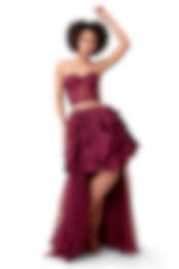 Dark Violet Silk Mini Bubble Skirt Set by Bharat Adiani at Pernia's Pop Up Shop
