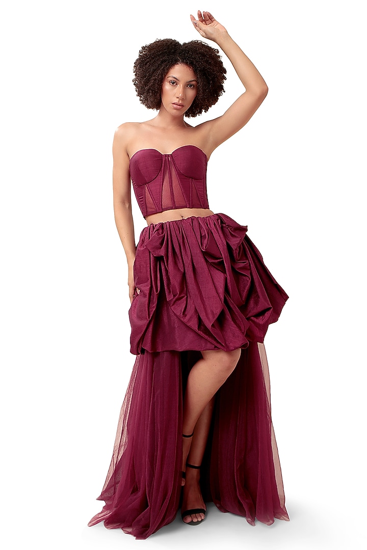 Dark Violet Silk Mini Bubble Skirt Set by Bharat Adiani at Pernia's Pop Up Shop