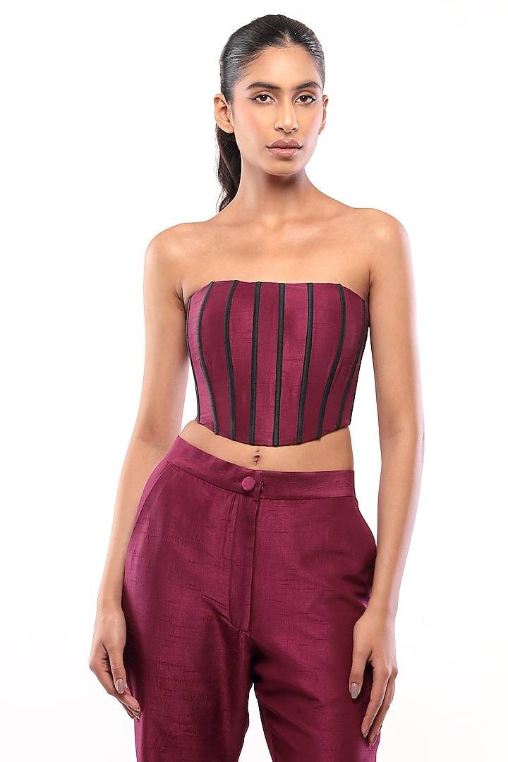 Purple Dupion Silk Off-Shoulder Corset Crop Top by Bharat Adiani at Pernia's Pop Up Shop