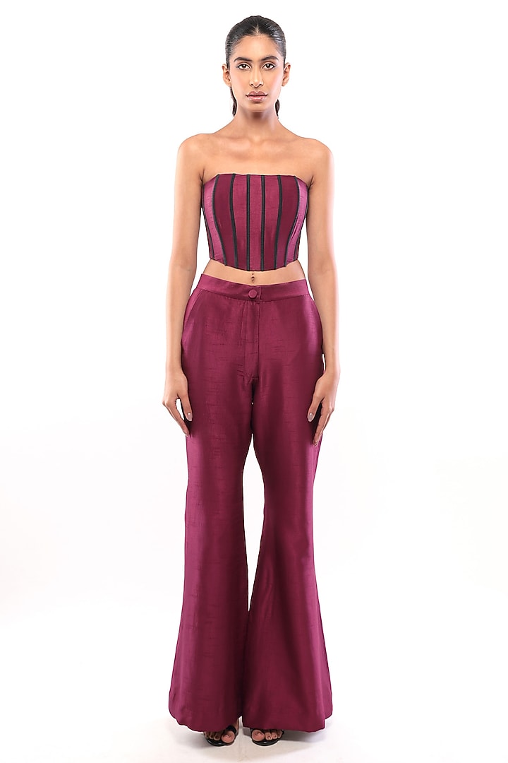 Purple Dupion Silk Off-Shoulder Corset Crop Top by Bharat Adiani at Pernia's Pop Up Shop