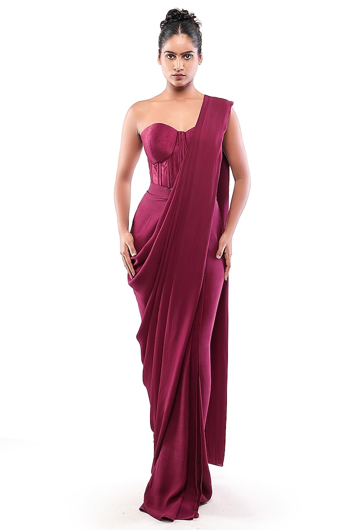 Purple Silk & Double Georgette Drape Party Wear Saree Set by Bharat Adiani at Pernia's Pop Up Shop