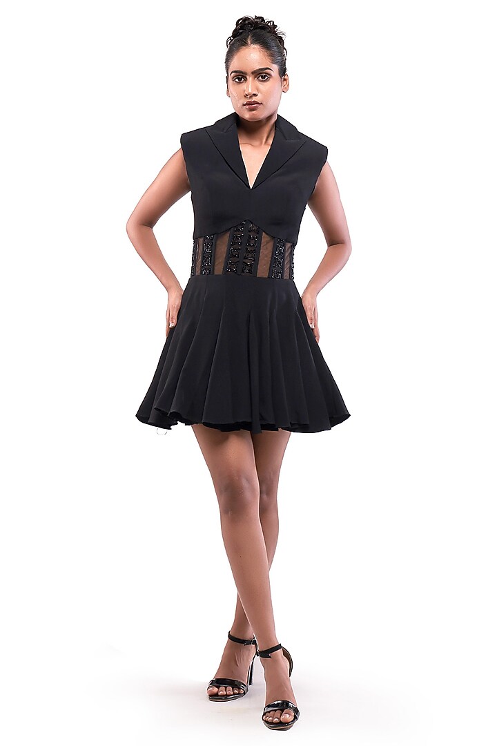 Black Moss Crepe Hand Embroidered Blazer Party Wear Dress by Bharat Adiani at Pernia's Pop Up Shop