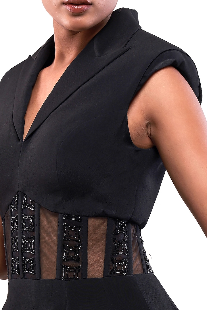 Black Moss Crepe Hand Embroidered Blazer Party Wear Dress by Bharat Adiani at Pernia's Pop Up Shop