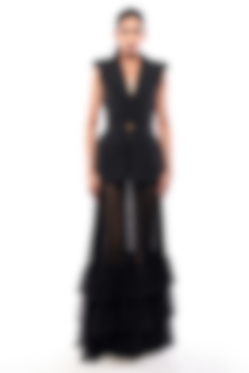 Black Moss Crepe & Tulle Skirt Set by Bharat Adiani at Pernia's Pop Up Shop