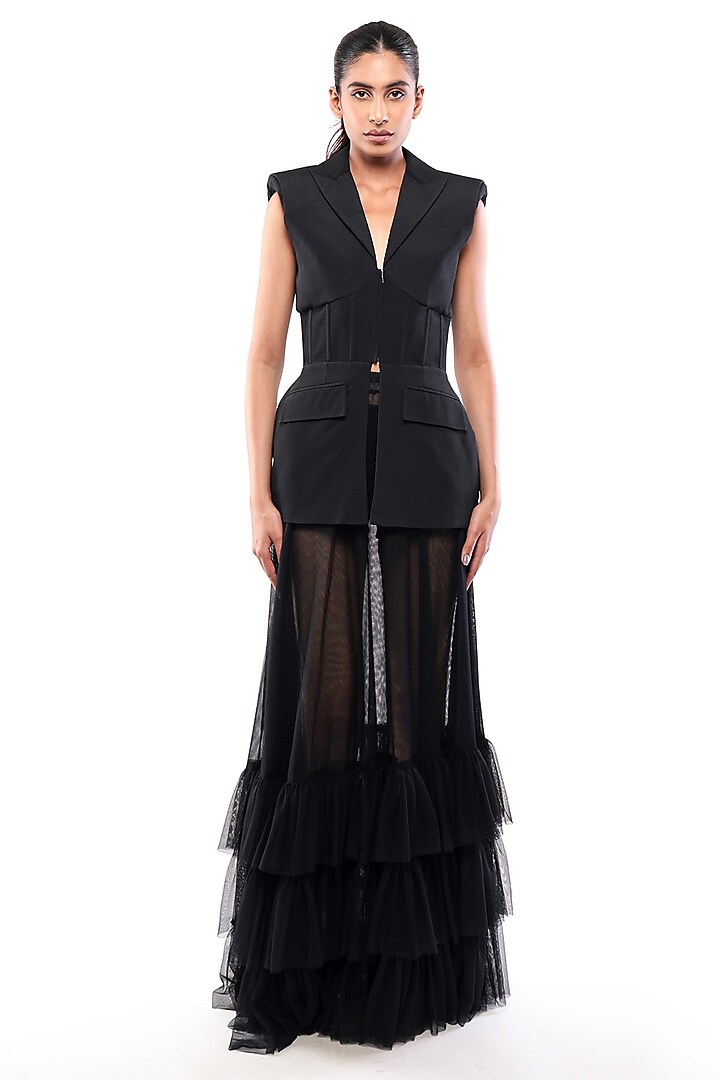 Black Moss Crepe & Tulle Skirt Set by Bharat Adiani at Pernia's Pop Up Shop