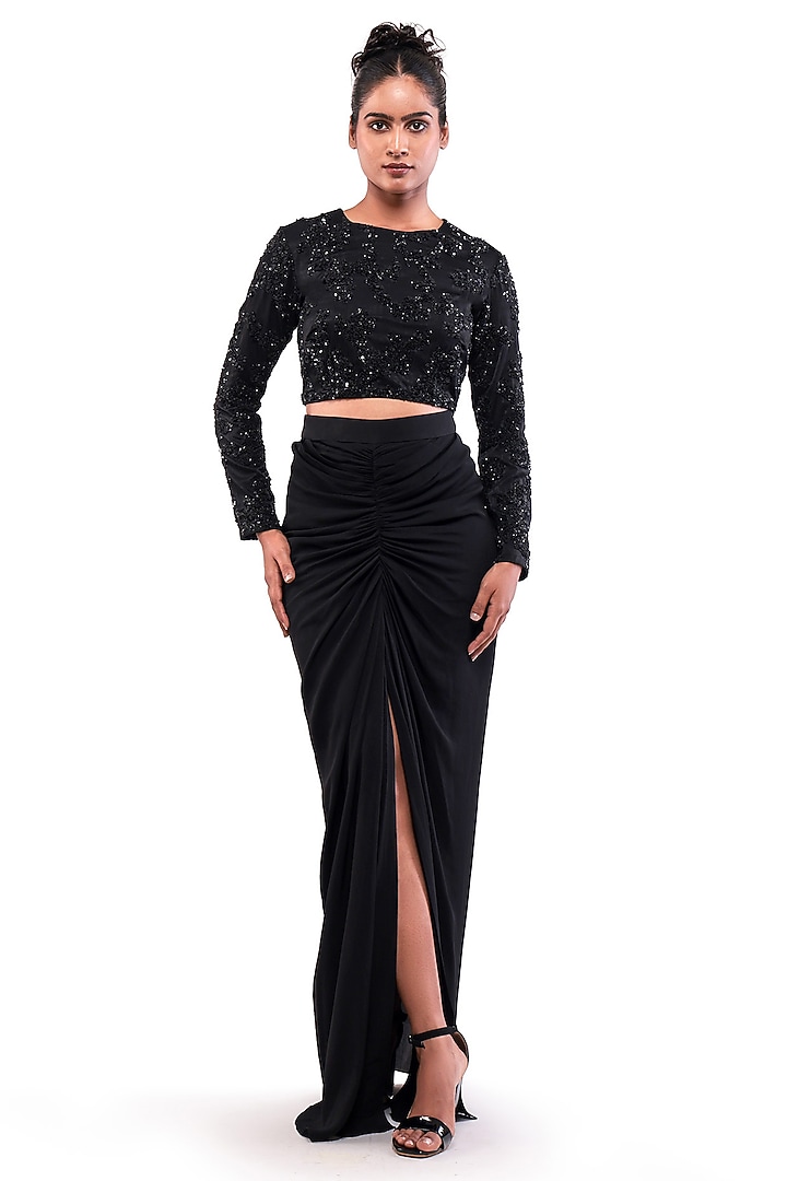 Black Velvet Satin & Double Georgette Drape Skirt Set by Bharat Adiani at Pernia's Pop Up Shop