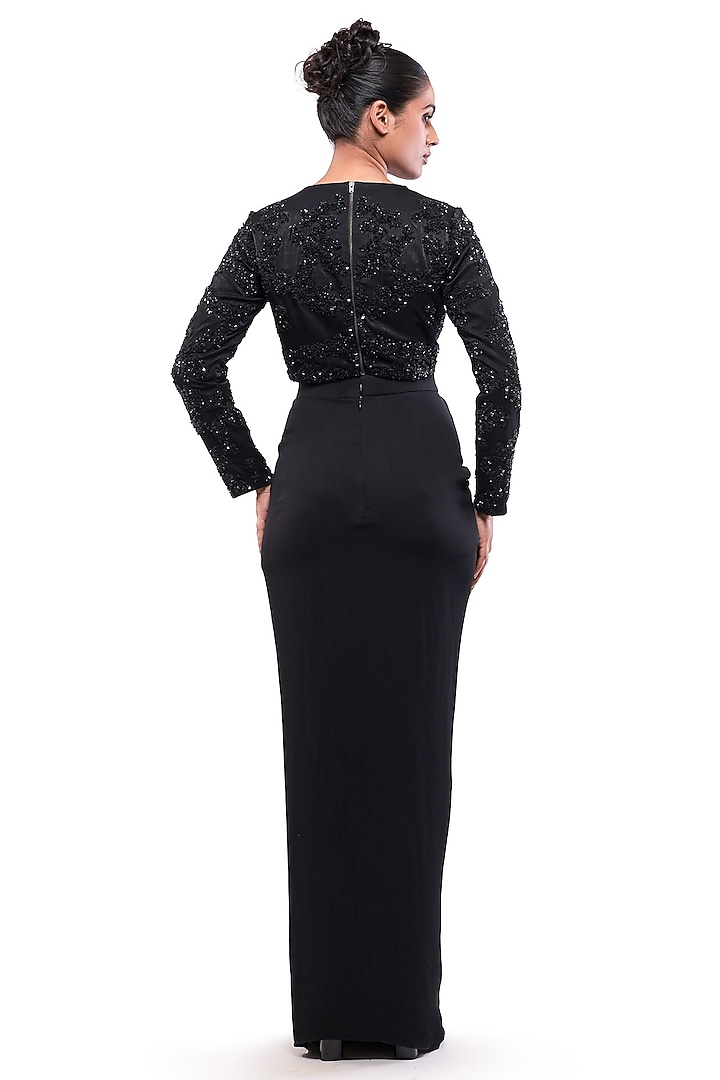 Black Velvet Satin & Double Georgette Drape Skirt Set by Bharat Adiani at Pernia's Pop Up Shop