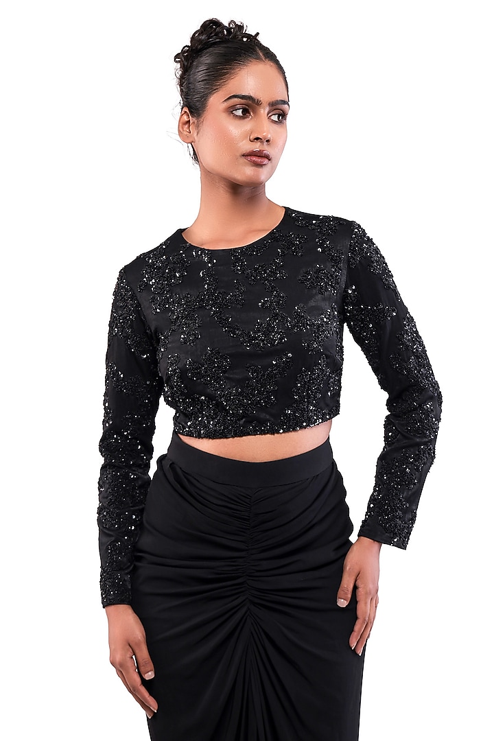 Black Velvet Satin & Double Georgette Drape Skirt Set by Bharat Adiani at Pernia's Pop Up Shop