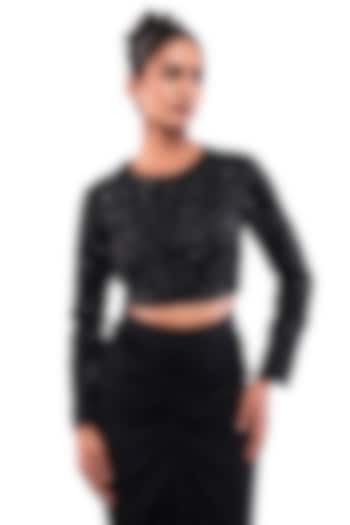Black Velvet Satin Beads Embellished Full-Sleeve Crop Top by Bharat Adiani at Pernia's Pop Up Shop