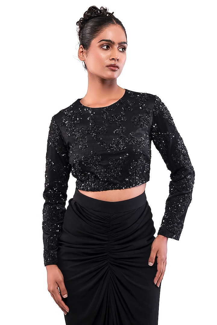 Black Velvet Satin Beads Embellished Full-Sleeve Crop Top by Bharat Adiani at Pernia's Pop Up Shop