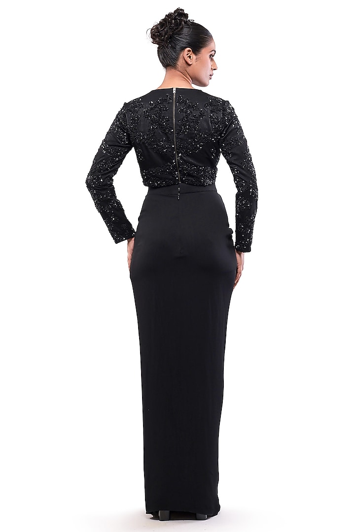 Black Velvet Satin Beads Embellished Full-Sleeve Crop Top by Bharat Adiani at Pernia's Pop Up Shop