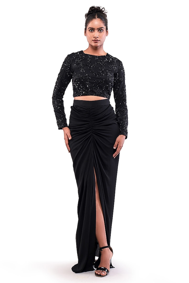 Black Velvet Satin Beads Embellished Full-Sleeve Crop Top by Bharat Adiani at Pernia's Pop Up Shop