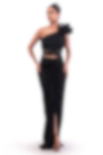 Black Double Georgette Drape Skirt Set by Bharat Adiani at Pernia's Pop Up Shop