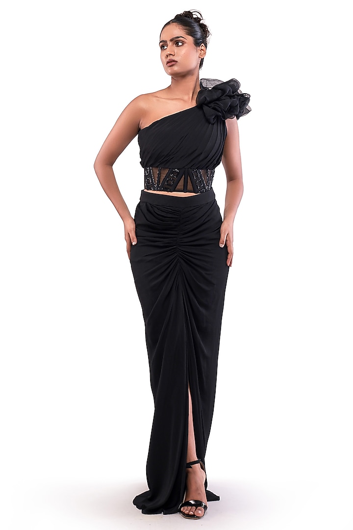 Black Double Georgette Drape Skirt Set by Bharat Adiani at Pernia's Pop Up Shop