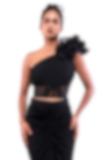 Black Double Georgette Embroidered One-Shoulder Rosette Corset Top by Bharat Adiani at Pernia's Pop Up Shop