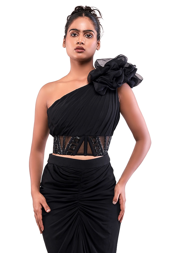 Black Double Georgette Embroidered One-Shoulder Rosette Corset Top by Bharat Adiani at Pernia's Pop Up Shop