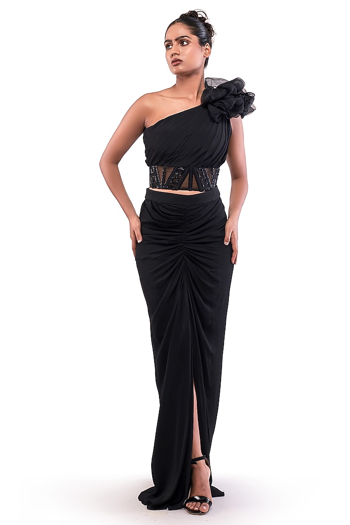 Black Double Georgette Embroidered One-Shoulder Rosette Corset Top by Bharat Adiani at Pernia's Pop Up Shop