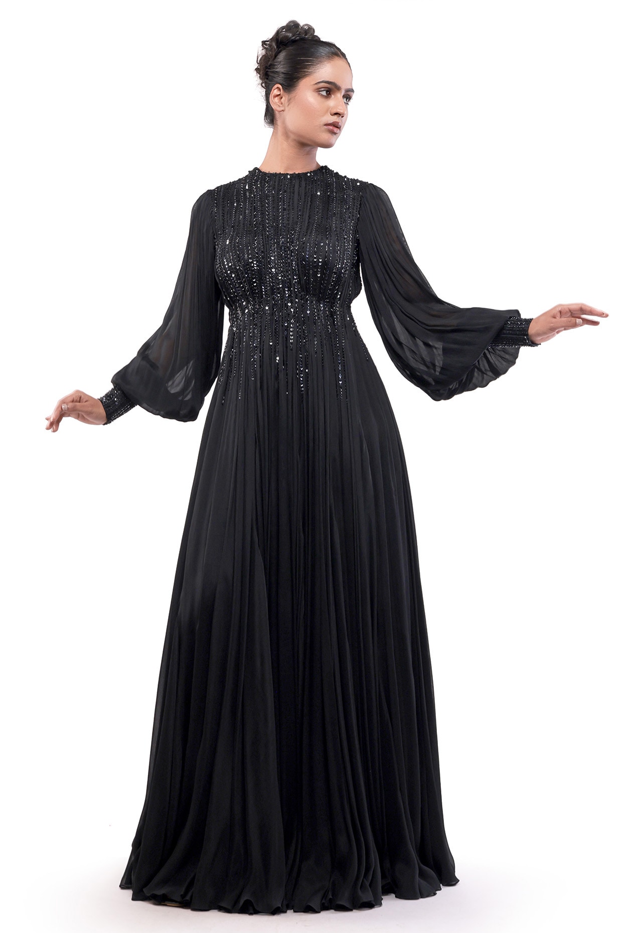 Bharat Adiani Black Chiffon Texture Bead Embellished Anarkali