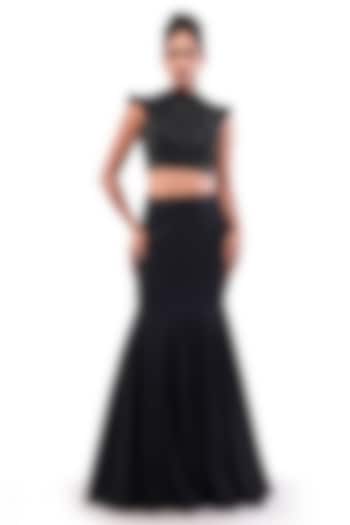 Black Moss Crepe Textured Mermaid Skirt Set by Bharat Adiani at Pernia's Pop Up Shop