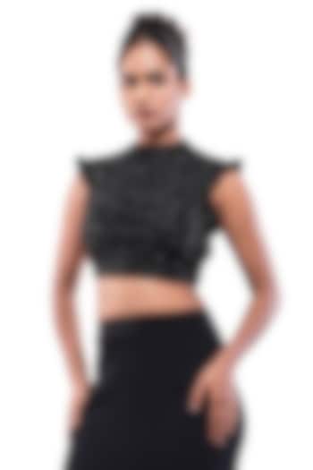 Black Moss Crepe Texture Bead Embellished Crop Top by Bharat Adiani at Pernia's Pop Up Shop