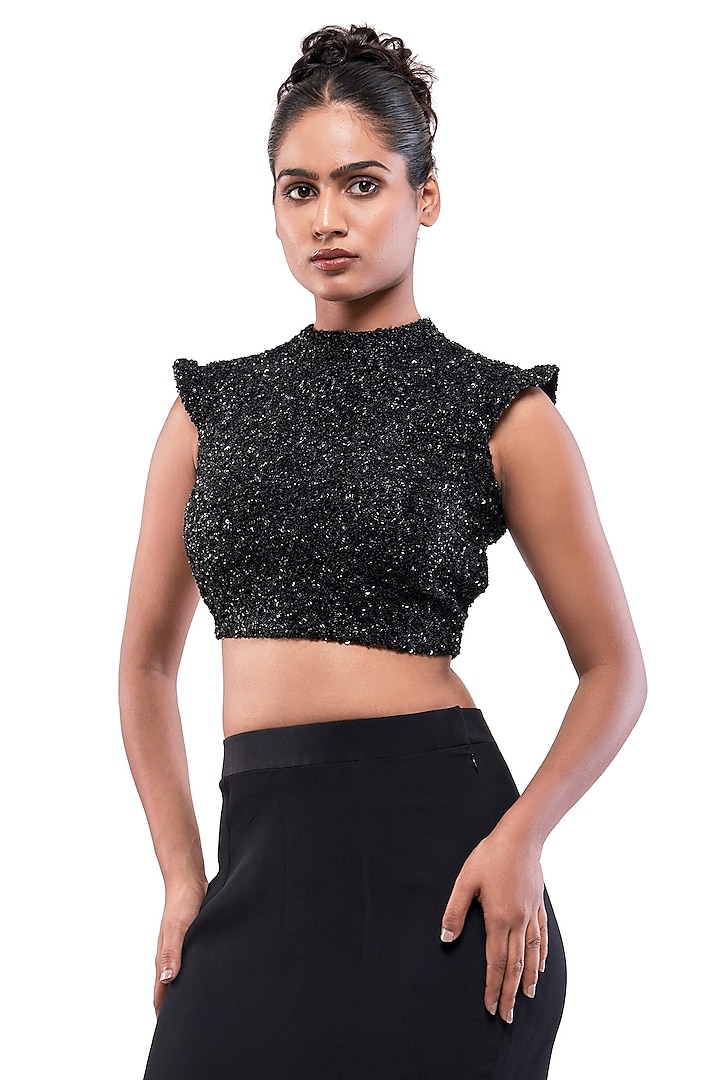 Black Moss Crepe Texture Bead Embellished Crop Top by Bharat Adiani at Pernia's Pop Up Shop