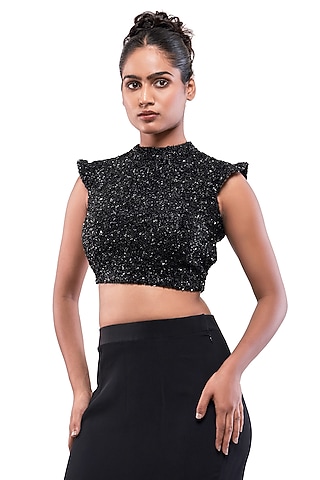 Black Moss Crepe Texture Bead Embellished Crop Top by Bharat Adiani