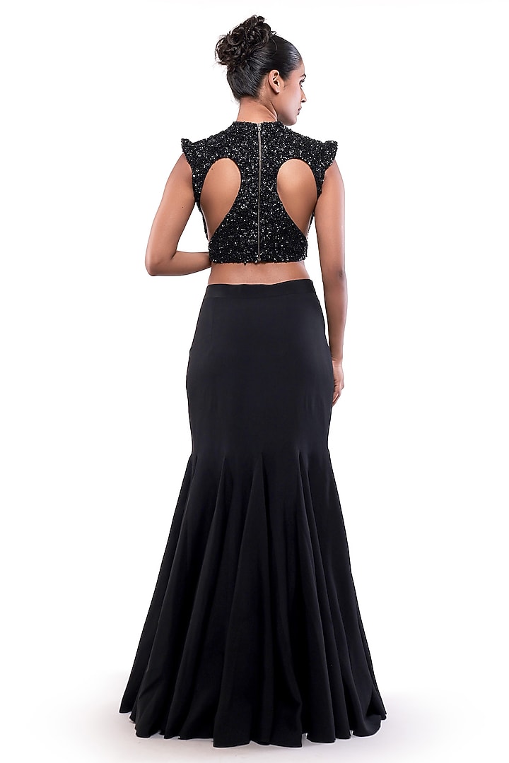 Black Moss Crepe Texture Bead Embellished Crop Top by Bharat Adiani at Pernia's Pop Up Shop