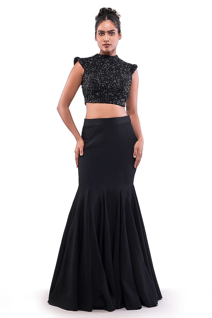 Black Moss Crepe Texture Bead Embellished Crop Top by Bharat Adiani at Pernia's Pop Up Shop