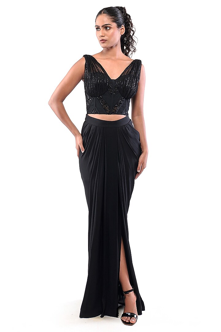 Black Double Georgette & Tulle Texture Draped Skirt Set by Bharat Adiani at Pernia's Pop Up Shop