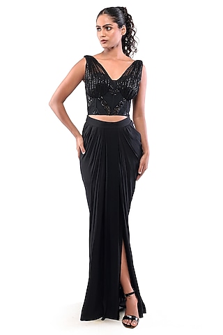 Black Double Georgette & Tulle Texture Draped Skirt Set by Bharat Adiani