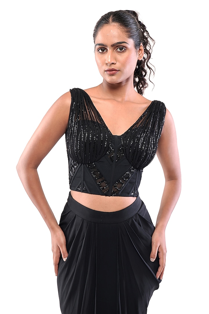 Black Double Georgette & Tulle Texture Draped Skirt Set by Bharat Adiani at Pernia's Pop Up Shop