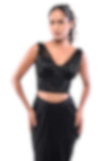 Black Double Georgette & Tulle Textured Corset Crop Top by Bharat Adiani at Pernia's Pop Up Shop