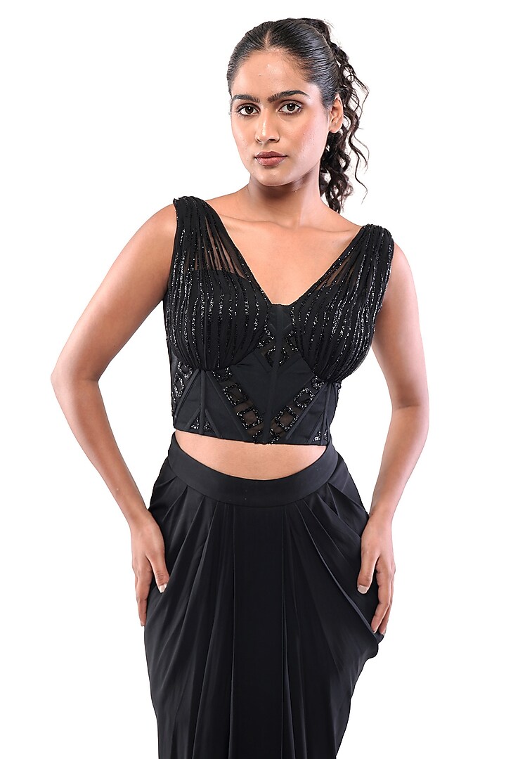 Black Double Georgette & Tulle Textured Corset Crop Top by Bharat Adiani at Pernia's Pop Up Shop