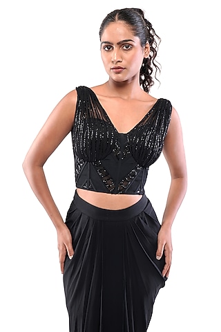 Black Double Georgette & Tulle Textured Corset Crop Top by Bharat Adiani