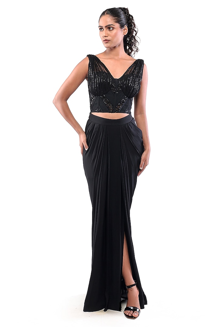 Black Double Georgette & Tulle Textured Corset Crop Top by Bharat Adiani at Pernia's Pop Up Shop
