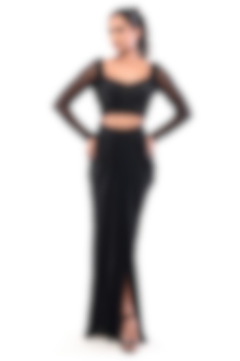 Black Double Georgette Draped Skirt Set by Bharat Adiani at Pernia's Pop Up Shop