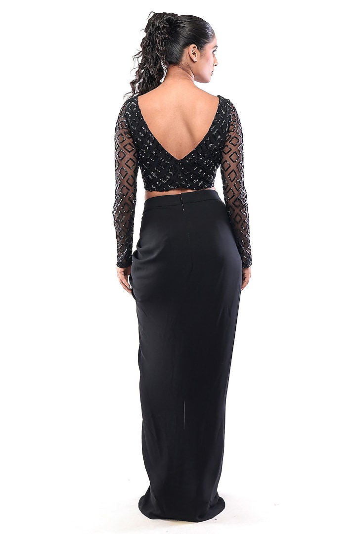 Black Double Georgette Draped Skirt Set by Bharat Adiani at Pernia's Pop Up Shop