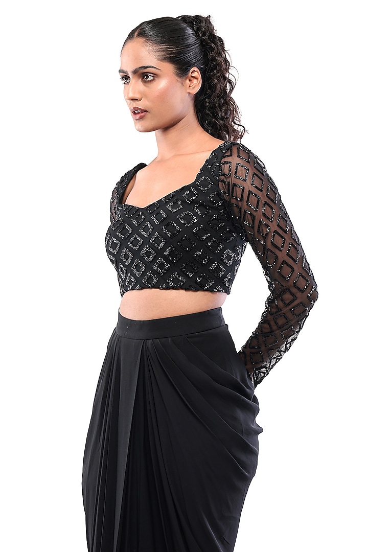 Black Double Georgette Draped Skirt Set by Bharat Adiani at Pernia's Pop Up Shop