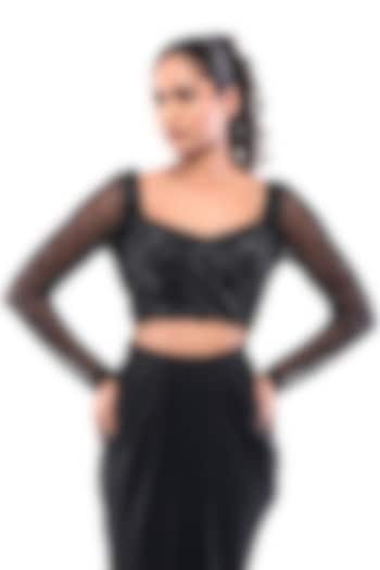 Black Double Georgette Geometric Embroidered Crop Top by Bharat Adiani at Pernia's Pop Up Shop